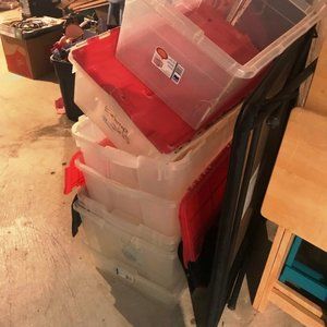 7 CLEAR STORAGE BINS SOME WITH TOPS AS IS ALL FOR $75